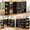 A collage of images showing a black and wood kitchen island with glass cabinet doors and shelves, displayed in different configurations and angles. Produktbild-Vorschau