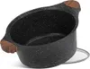 A black speckled pot with wooden handles sits on a white background. Produktbild-Vorschau