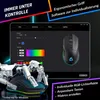 A gaming mouse is shown on a dark background with a computer interface displaying customization options, and a robotic arm interacting with the mouse. Produktbild-Vorschau