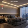 A modern bedroom with ambient lighting and a city view at dusk. Produktbild-Vorschau