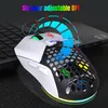 A gaming mouse is placed on a dark surface next to a laptop keyboard. The mouse features a honeycomb design and RGB lighting. A graphic overlay indicates adjustable DPI settings. Produktbild-Vorschau