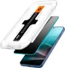 An exploded view of a phone screen protector installation kit, showing the screen protector, an alignment tool, and a phone. Anteprima dell’immagine prodotto