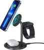 A black 3-in-1 wireless charging stand holding an iPhone, Apple Watch, and AirPods Pro. Produktbild-Vorschau