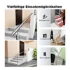 A collage of images showing a stainless steel handrail installed in various settings, including outdoor stairs, indoor stairs, and near a house entrance, with accompanying text and icons. Produktbild-Vorschau