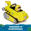 A yellow toy vehicle with a dog figurine inside, set against a white background with a blue, wave-like overlay at the bottom. Náhled obrázku produktu