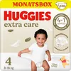 A baby wearing Huggies extra care diapers is shown on a cream-colored background, with graphics of feathers and Winnie the Pooh. Produktbild-Vorschau