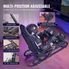 A person in racing gear sits in a racing simulator cockpit with a steering wheel and pedals, with various close-up shots highlighting the product's features. Anteprima dell’immagine prodotto