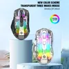 Two transparent RGB gaming mice are displayed on pedestals against a light blue background with a subtle landscape. Produktbild-Vorschau