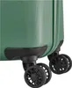 Close-up view of the wheels and bottom corner of a green suitcase. Produktbild-Vorschau