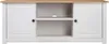 A front view of a white TV stand with a wooden top. Náhled obrázku produktu