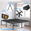 A metal bed frame is shown in a bedroom setting with storage boxes underneath. The image includes callouts highlighting features of the bed frame. Produktbild-Vorschau