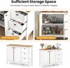 A collage of images showcasing a white and wood-tone buffet cabinet with drawers and doors, highlighting its storage features and overall appearance. Podgląd zdjęcia produktu