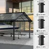 A boat is parked under a gray carport. The image also includes diagrams illustrating different mounting options for the carport. Produktbild-Vorschau