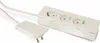 A white power strip with three outlets and a white plug on a white background. Produktbild-Vorschau