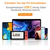 A collection of electronic devices including a laptop, tablet, smartphone, and game console, all connected or ready to be connected by USB-C cables. Produktbild-Vorschau