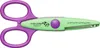 A pair of Fiskars Kidzors decorative scissors with purple handles and a light green body, featuring a frog illustration and wavy cutting edge. Voir les images du produit