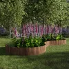 A garden bed with pink and purple flowers, bordered by a curved wooden fence, set against a backdrop of trees and grass. Voir les images du produit