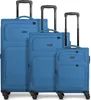 Three blue suitcases of varying sizes are displayed side-by-side against a white background. Voir les images du produit