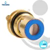 A close-up product shot of a brass valve cartridge with black and blue rubber seals, set against a white background with graphic overlays. Produktbild-Vorschau