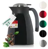 A black thermos jug is shown with various color swatches and product information tags. Produktbild-Vorschau