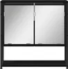 A black wooden bathroom cabinet with two mirrored doors and a shelf below, presented against a white background. Produktbild-Vorschau