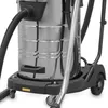 A close-up view of the lower portion of a large industrial vacuum cleaner, showing its stainless steel tank, hose, and wheeled base. Produktbild-Vorschau