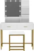 A white vanity table with gold legs and a lighted mirror, along with a matching stool. Produktbild-Vorschau