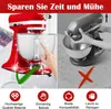 A split image showing a red stand mixer on the left with a green checkmark and a gray stand mixer on the right with a red X. Below are icons with text descriptions. Produktbild-Vorschau