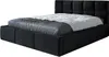A black upholstered bed frame with a white and gray comforter. Produktbild-Vorschau