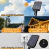 Collage showing solar panel charging and string lights in use. Náhled obrázku produktu