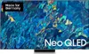 A Samsung Neo QLED 4K TV is displayed with a colorful abstract background and marketing text. Voir les images du produit