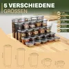 A collection of clear plastic food storage containers of various sizes, displayed on a wooden surface and next to a sink. The image also includes line drawings of the containers with dimensions. Náhľad obrázku produktu