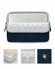 A laptop sleeve with three detail shots showing its protective layers and water-resistant properties. Produktbild-Vorschau