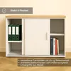 A white cabinet with wooden top and sliding doors, showcasing storage solutions with files and books. Text overlays highlight product features. Produktbild-Vorschau