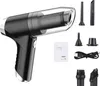 A handheld vacuum cleaner and its accessories are displayed against a white background, along with a small instruction manual. Produktbild-Vorschau