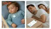 A split image showing a baby sleeping in a crib on the left and adults sleeping in a bed on the right, with a smartphone displaying health data in the foreground. Voir les images du produit