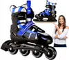 A product image featuring inline skates and a woman pointing to them, with a pair of ice skates in the background. Voir les images du produit