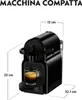A black Nespresso coffee machine with dimensions indicated by dashed lines and text labels. Produktbild-Vorschau