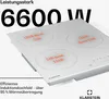 A white induction hob with four cooking zones, displaying power levels and boost functions. Text highlights its power and efficiency. Produktbild-Vorschau