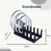 A black pot lid organizer with three glass pot lids on it, with dimensions indicated by text and arrows. Produktbild-Vorschau
