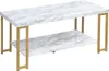 A modern coffee table with a marble-effect top and a gold metal frame. Náhľad obrázku produktu