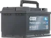 A black car battery with a blue label is shown against a white background. Produktbild-Vorschau