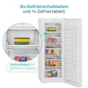 A white upright freezer with its door open, showing multiple transparent drawers and a shelf with food items. An inset circle highlights a shelf with containers of food and a drawer with a frozen food box. Produktbild-Vorschau