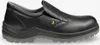 A black leather slip-on safety shoe with a gray sole is shown from the side against a white background. Náhľad obrázku produktu