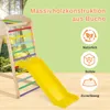 A wooden climbing frame with a yellow slide, set against a green and wood-grained background with text overlays. Produktbild-Vorschau