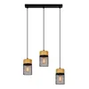 A black linear chandelier with three pendant lights, each featuring a wooden top and a black mesh cylindrical shade with an exposed bulb. Anteprima dell’immagine prodotto