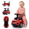 A baby sitting on a red ride-on car, with other views of the car and its remote control shown in smaller inset images. Produktbild-Vorschau