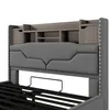 A close-up view of a bed frame's headboard with integrated storage shelves and cabinets. Náhľad obrázku produktu
