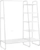 A white metal garment rack with shelves and hooks against a white background. Náhled obrázku produktu