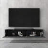 A wall-mounted media console with its doors open, displaying decorative items and electronics, with a large flat-screen TV mounted above it against a concrete wall. Voir les images du produit